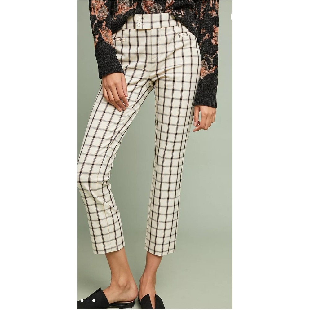 Anthropologie Essential Slim Plaid Pants 14 Cream Navy Blue Check Trousers